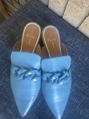 Paolo Sky Blue Leather Chain-Detail Pointed Mules